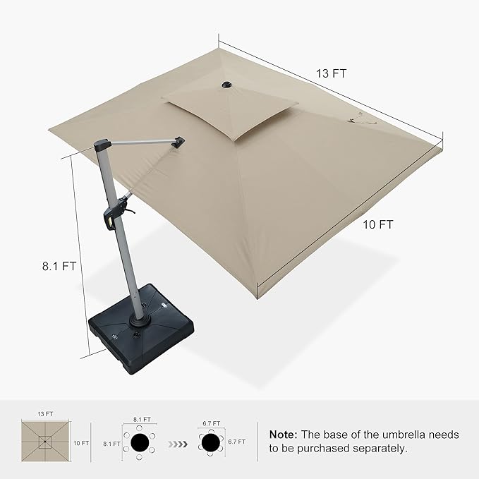 PURPLE LEAF 10' X 13' Cantilever Outdoor Patio Umbrella Large Heavy Duty 360° Rotation Double Top Offset Rectangular Umbrellas for Backyard Deck Pool, Spectrum Sand