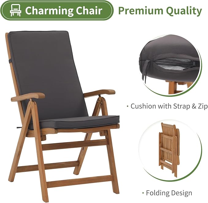 OC Orange-Casual 7 Piece Patio Dining Set, Outdoor Acacia Wood Furniture Set w/Extendable Rectangular Table and 6 Foldable Reclining Chair, Solid Wood, for Deck Garden Backyard, Dark Grey