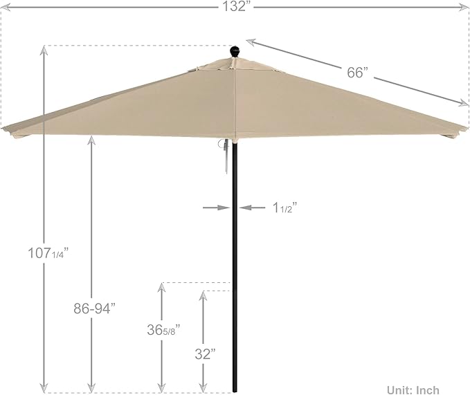 California Umbrella 11Ft Commercial Grade Market Umbrella, Pulley Lift, Aluminum/Fiberglass, 2mm pole wall, Black Frame, Solution Dyed Beige Fabric