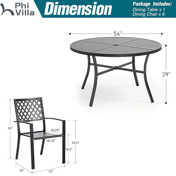 PHI VILLA 7 Pcs Outdoor Dining Set, 54" Round Table& Stackable Chairs | Wrought Iron Dining Table with Umbrella Hole,Ppatio Dining Furniture Set for Patio, Deck, Backard, Porch
