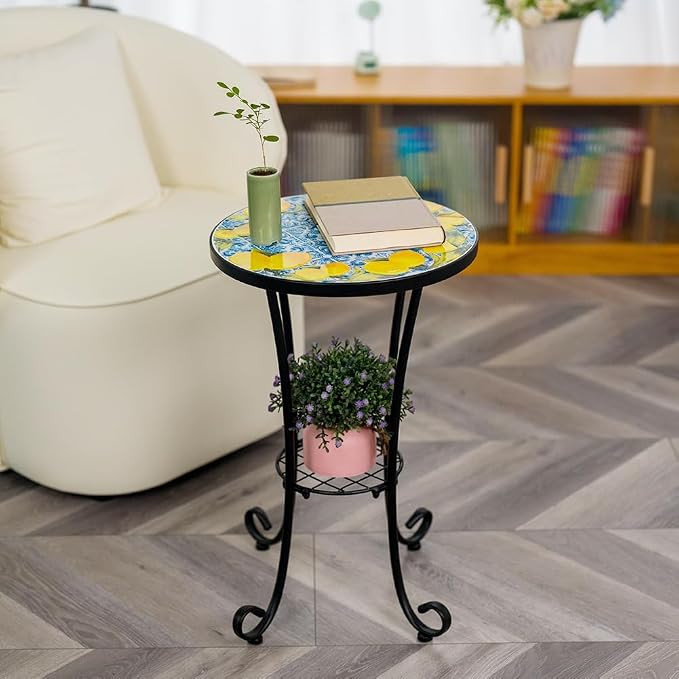 14 Inch Mosaic Patio Side Table with Scroll Legs, Indoor Outdoor Accent Round End Table with Ceramic Tile Tops for Yard, Garden, Living Room, Bistro, B - Lemon & Blue Tile