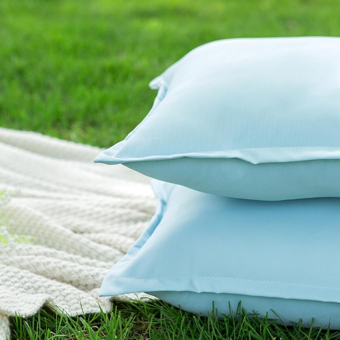 LIGICKY Light Blue Outdoor Waterproof Pillow Covers 20x20 Inch Pack of 2 Decorative Square Solid Color Pillows with Wide Edge Cushion Cover for Patio Tent Garden Couch Balcony