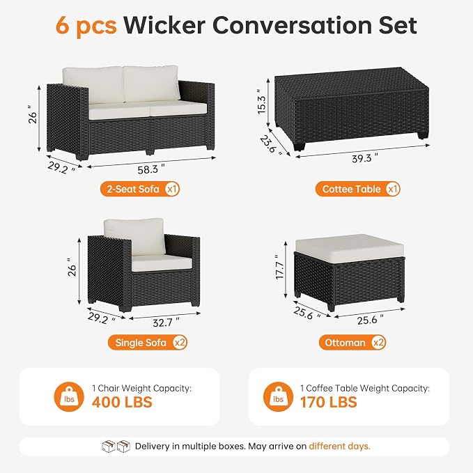 LazySunsets 6-Piece Outdoor Patio Furniture Set, Rattan Outdoor Sectional with Thick Waterproof Cushions, Wicker Ottomans & Waterproof Cover, Patio Conversation Set for Garden, Backyard, Beige