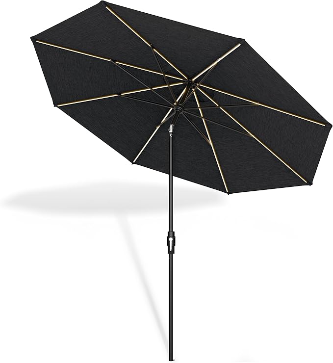 Midtown Umbrellas The LED Swilt 10 Feet Patio Umbrella With Sunbrella Spectrum Carbon Acrylic Fabric - Auto-Tilt Aluminum Frame With LED Lights For Backyard, Deck, Garden, Pool - Black Pole