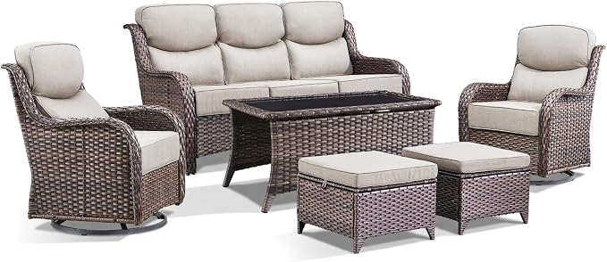 Luxury 6 Pieces Outdoor Patio Furniture Set-All Weather Wicker Outdoor Furniture with Swivel Rocker Patio Chairs 6-inch Extra Thick Cushions Wicker Conversation Set for Deck Garden(Brown/Beige)
