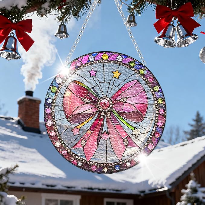 Acrylic Suncatcher Window Hanging, Pink Bow Sun Catcher Rainbow Indoor Window Decoration for Living Room Bedroom, Unique Gift for Mom Wife & Friends, 7.87 inches