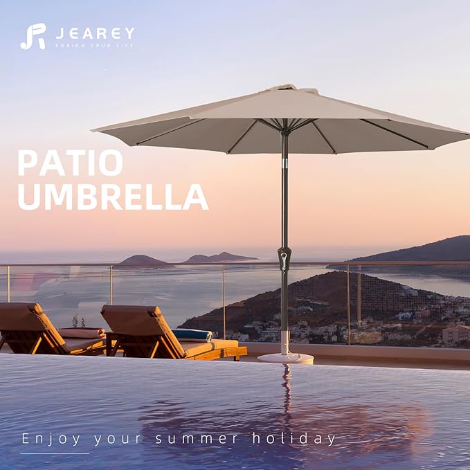 JEAREY 9FT Outdoor Patio Umbrella Outdoor Table Umbrella with Push Button Tilt and Crank, Market Umbrella 8 Sturdy Ribs UV Protection Waterproof for Pool, Garden (Tan)