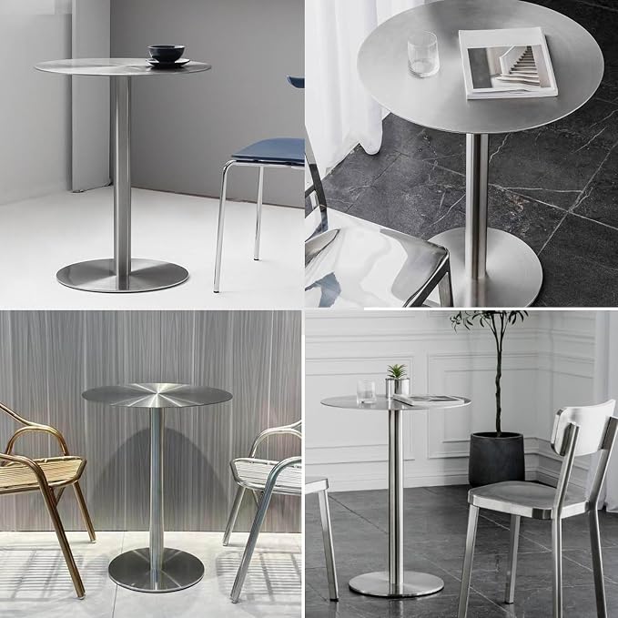 Round Dining Tables Leisure Table with Stainless Steels Table Top and Stable Base for Living Room Balcony Garden Outdoor, Space Saving(60x60x75cm)