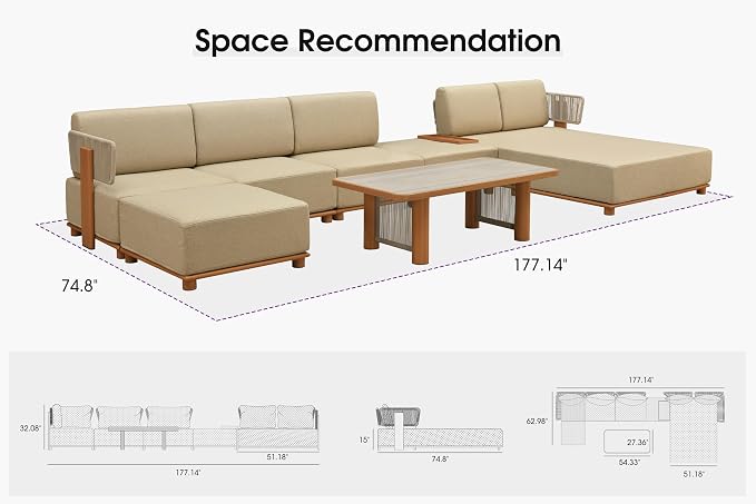 PURPLE LEAF Patio Furniture Set Modular U-Shaped Outdoor Sectional Sofa with 11" Thick Olefin Cushion 7-Piece Outdoor Conversation Set w/Daybed & Ottoman for Backyard Poolside Table Included, Beige