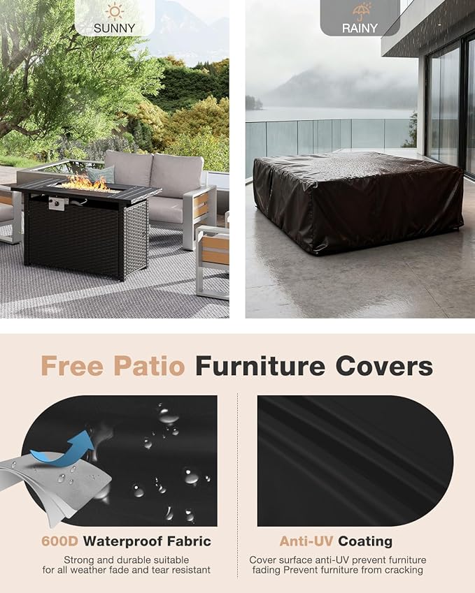 Aoxun Aluminum Patio Furniture Set with Fire Pit Table, 4 Piece Luxury Outdoor Sectional with 6" Olefin Fabric Cushions, Patio Conversation Sets with Waterproof Cover for Backyard, Porch Grey