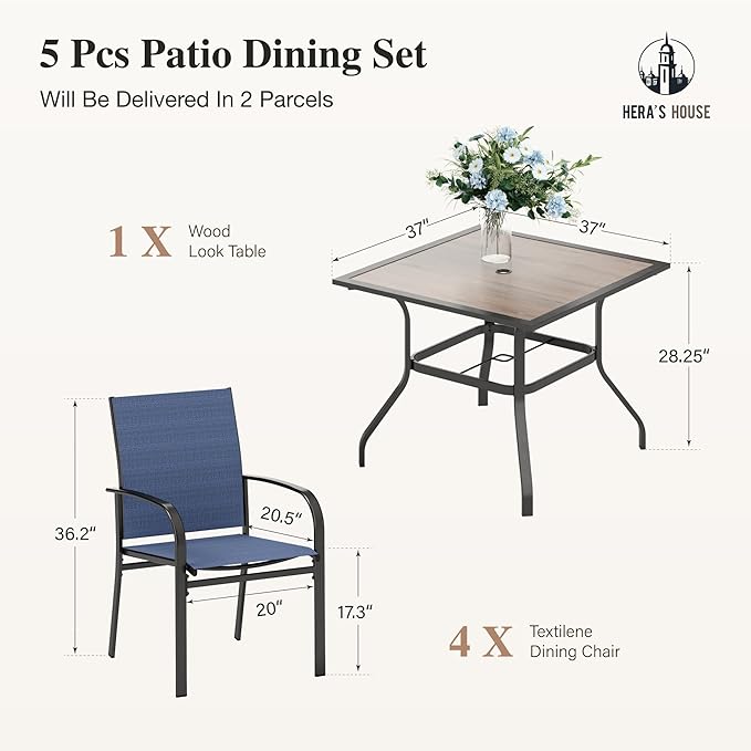 HERA'S HOUSE Patio Table and Chairs for 4, 5 Pieces Outdoor Dining Sets, Square Metal Table Set with Textilene Dining Chairs for Lawn Garden Backyard, Blue