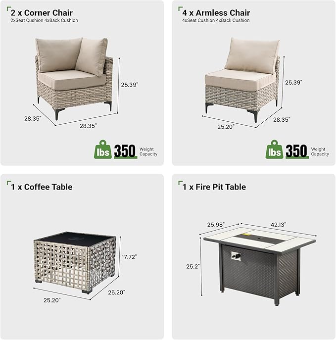 8 Pcs Patio Furniture with Fire Pit Table, Outdoor Rattan Wicker Conversation Set with Glowing Coffee Table, Comfy Sectional Sofa for Porch Balcony Backyard Pool, Beige