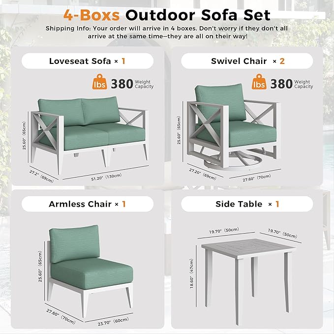 Aluminum Patio Furniture Set,5-Seats Patio Sectional Conversation Sofa with 5.2" All-Weather Cushions and 2 Swivel Rocking Chairs,Outdoor Furniture Set for Deck, Porch, Garden (White)