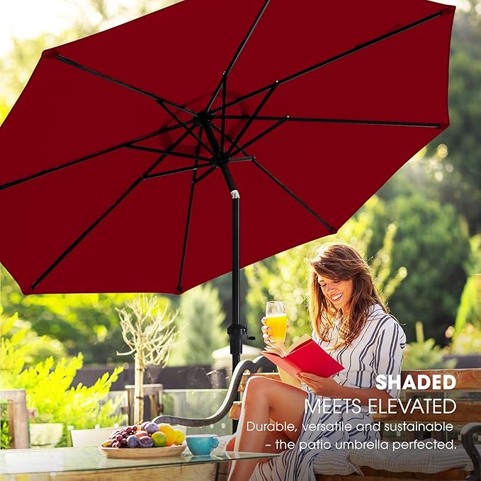 wikiwiki 9FT Patio Umbrella with Base, Outdoor Umbrellas with Base Included, 8 Sturdy Ribs, Waterproof Fade Resistant POLYESTER DTY Canopy for Deck, Lawn, Garden, Backyard & Pool, Burgundy Red