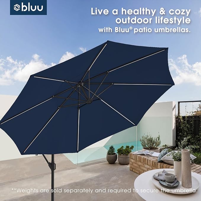 BLUU 10 FT Patio Offset Umbrella Outdoor Cantilever Umbrella Hanging Umbrellas, Fade Resistant Crank & Cross Base (Navy Blue, 10 FT WITH LIGHTS&COVER)