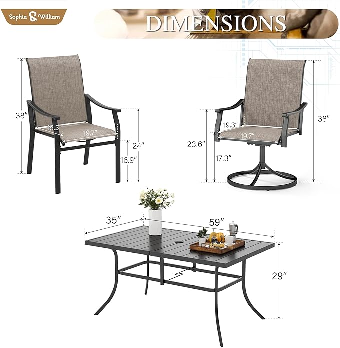 Sophia & William 7 Pieces Patio Dining Set, 4 x Patio Dining Chairs and 2 x Swivel Dining Chairs, 59" Outdoor Dining Table, Patio Furniture for Lawn, Park