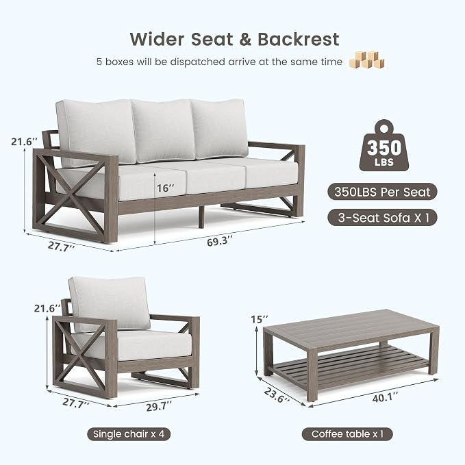 UDPATIO Aluminum Patio Furniture Set, Faux Wood Grain Modern Outdoor Furniture, 6" Cushions Metal Patio Conversation Sofa with Coffee Table for Poolside Deck, 6 PCS, Beige(Include 600D Covers)