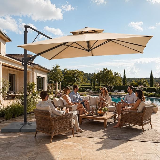 JEAREY 9ft 2-Tier Cantilever Patio Umbrella, Large Square Outdoor Offset Umbrella with Double Top Vent and 360-degree Rotation for Garden, Deck, Pool, Patio, Beige