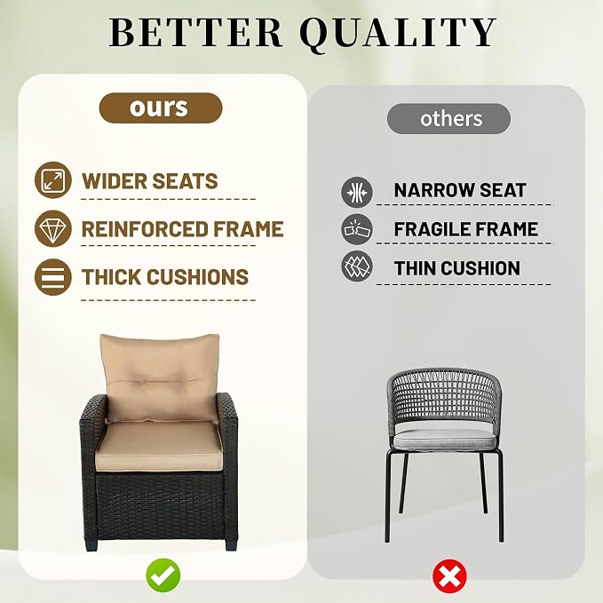 3 Pieces Patio Furniture Set,Outdoor Wicker Conversation Set,Outdoor Wicker Patio Chairs with Cushions & Glass Coffee Table,Bistro Set Outdoor for Porch (Beige)