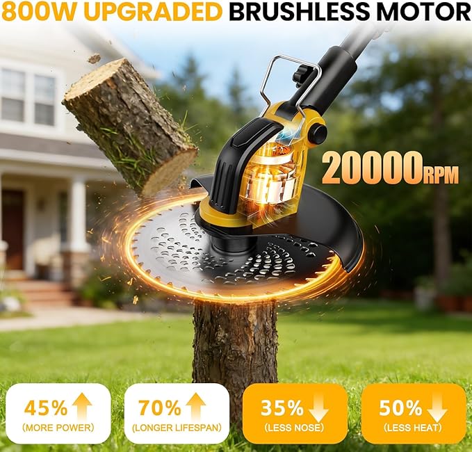 21V 800W Brushless Cordless Weed Wacker, 12 Inch Electric Weed Eater with Wheels, 2Γ3000mAh Batteries Included & 4 Cutting Blades for Lawn Garden Yard Maintenance