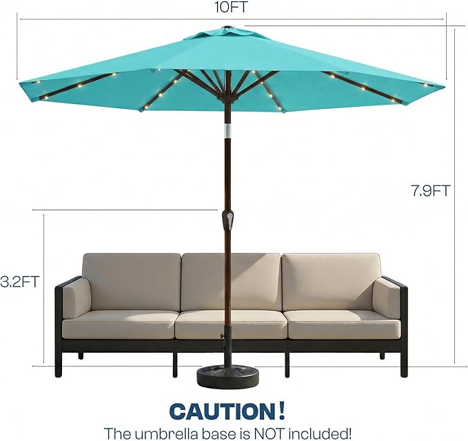 10FT Solar Patio Umbrella with Lights, Outdoor Table Market Umbrella with 32 LED Lights, 8 Sturdy Ribs, Push Button Tilt and Crank for Pool, Deck and Garden, UV-Resistant