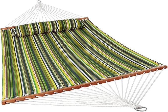 Sunnydaze Quilted Double Hammock for Outside with Spreader Bars and Pillow - 450 lb Capacity, 74x55 Inch Bed, UV Resistant, Quick Dry - Chains Included, Stand Sold Separately - Melon Stripe