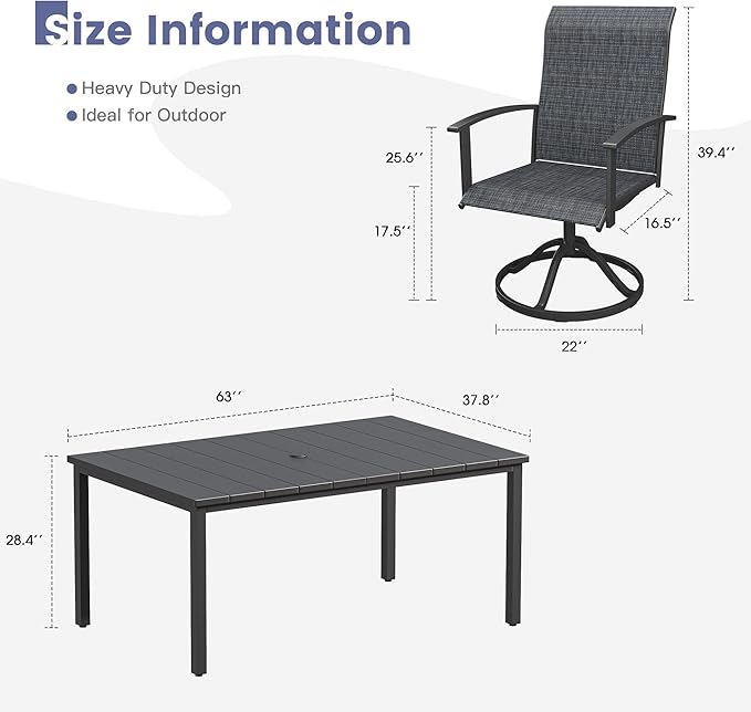 VICLLAX 7 Pieces Patio Dining Set, Patio Furniture Set of Metal Outdoor Table with Umbrella Hole and 6 Swivel Patio Chairs for Backyard Lawn, Charcoal & Black