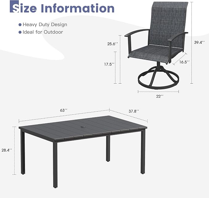 VICLLAX 7 Pieces Patio Dining Set, Patio Furniture Set of Metal Outdoor Table with Umbrella Hole and 6 Swivel Patio Chairs for Backyard Lawn, Charcoal & Black