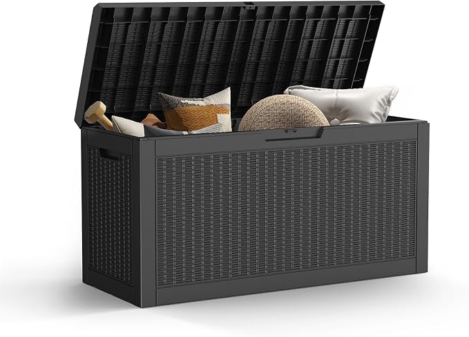 Mars Villa 60 Gallon Outdoor Storage Bench, Deck Box Waterproof Outside Resin Storage Bin for Outdoor Patio Furniture Cushion, Pool Supply, Garden Tool, UV-Resistant and Weatherproof, Rattan Black