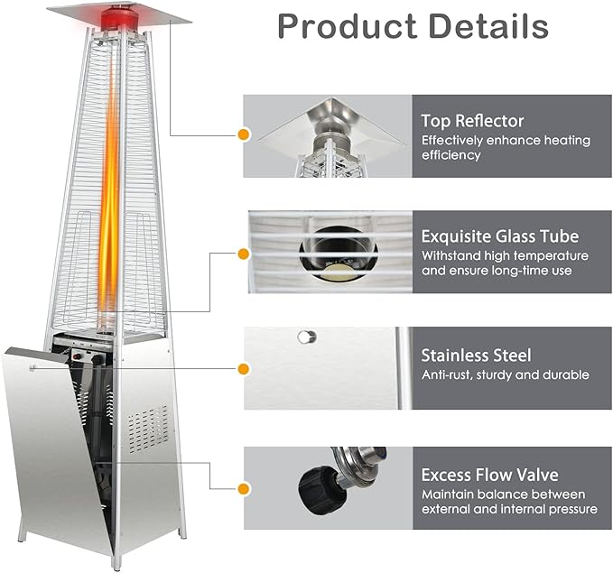 COSTWAY 42,000 BTU Stainless Steel Pyramid Outdoor Propane Heater With Wheels and Glass Tube, Auto Shut Off Protection, Freestanding Quartz for Backyard, Garden, Silver