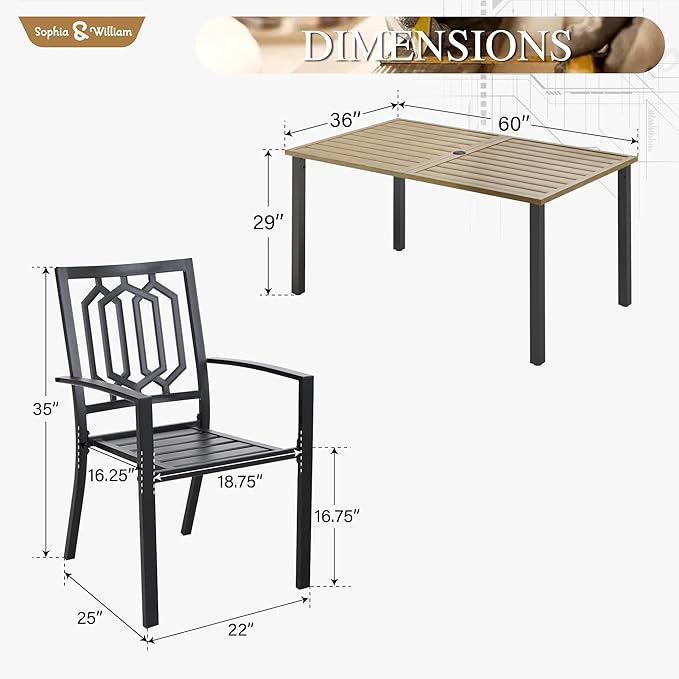 Sophia & William Patio Table and Chairs Set, Outdoor Dining Set for 6, 7 Piece Metal Patio Furniture, 60" Rectangular Table with Wood-Like Tabletop(Geometry)