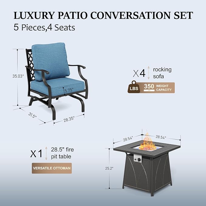HERA'S HOUSE 5 Pcs Patio Furniture Set with Fire Pit Table, 4 x Thick Cushioned Rocking Chairs, 1 x 28 Fire Pit Table (50,000 BTU), Conversation Set for Garden Backyard Lawn, Navy Blue