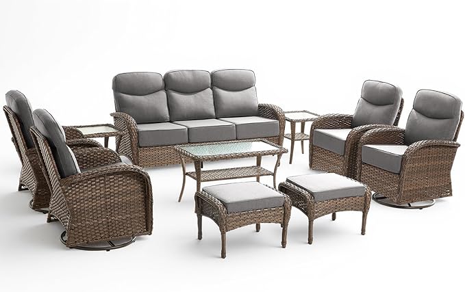 10 Pieces Luxury Outdoor Patio Furniture Set with 6-Inch Thick Cushions, Wicker Outdoor Furniture with High Back Swivel Patio Chairs Set of 4, Wicker Conversation Set for Deck Garden Porch, Gray