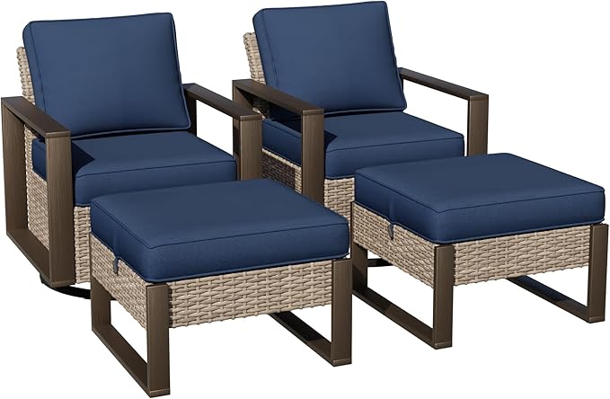 Joyside Outdoor Patio Swivel Rocker Chairs, 4 Pieces Wicker Furniture Set, 2 Swivel Rocking Chairs and 2 Ottoman, Metal Wide Armrest, Thick Cushions and Deep Seating for Garden, Backyard, Porch, Deck