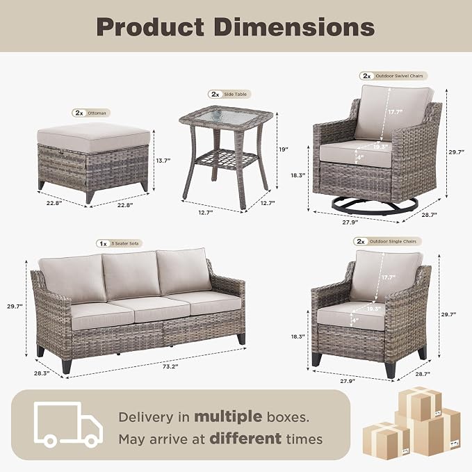 Belord Patio Wicker Swivel Rocker Patio Chairs with 3-Seater Sofa, Outdoor Rattan Chairs for Deck Porch Poolside, 9 Piece Patio Conversation Furniture Set,Beige