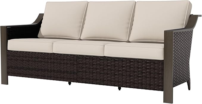 74 Inch Patio 3-Seater Sofa,PE Wicker Outdoor Lounge with Thick Removable Water-Resistant Cushions, Rust-Proof Steel Frame, 900LBS Capacity, Beige