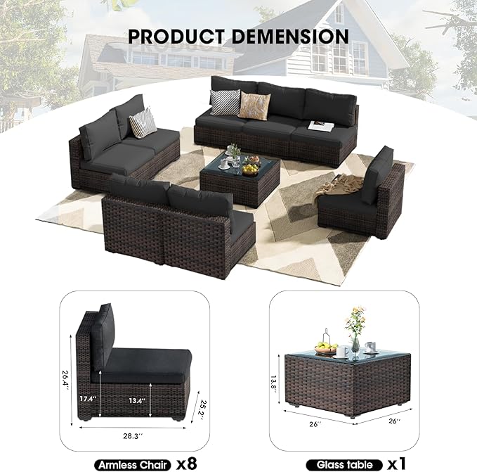 Patio Furniture Set 9 Piece All Weather PE Rattan Outdoor Sectional Sofa Couch with 8 x armless Sofa, No-Slip Cushions and Glass Top Table for Garden, Poolside, Backyard (Black)