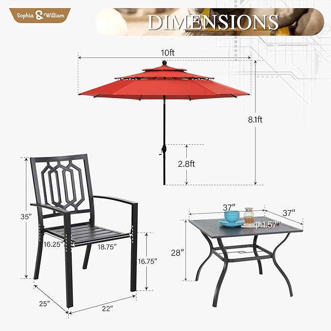 Sophia & William Patio Dining Set for 4 with 10ft 3 Tier Auto-tilt Umbrella, Outdoor Table Furniture Set with 4 x Metal Outdoor Chairs, 1 x Metal Square Dining Table and 1 Orange Red Patio Umbrella