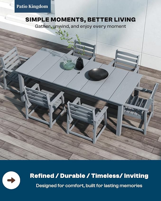 7-Piece Outdoor Dining Set for 6, 75.2" HDPE Patio Table with Umbrella Hole & 6 Chairs, Weather-Resistant Wood-Look Patio Furniture for Garden, Lawn, Deck, or Poolside (Grey)