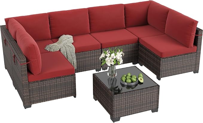 Soohow 7-Piece Patio Furniture Set, Outdoor Conversation Set, Thickened All-Weather Rattan Sectional Sofa with Tempered Glass Table for Garden, Porch, Backyard - Wine Cushions