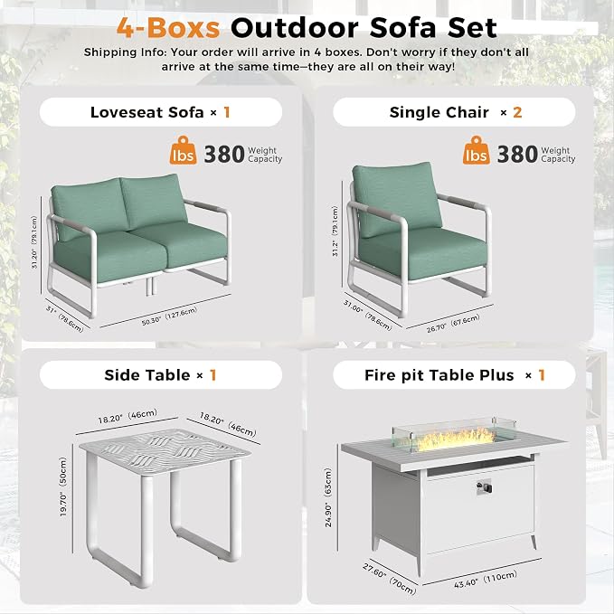 Outdoor Aluminum Patio Furniture Set with 43" Fire Pit Table,4-Seat Outdoor Conversation Set with 6.5" Thick Cushions & Coffee Table, All-Weather Patio Set for Backyard,Brown