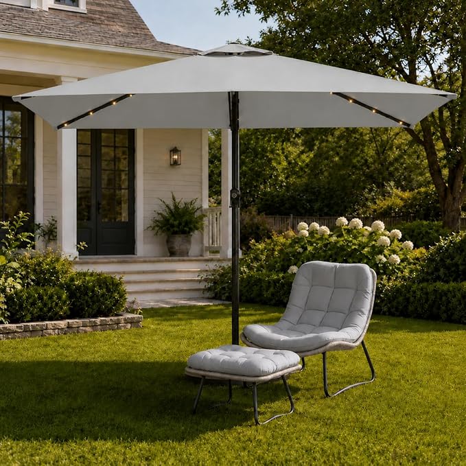 6.5 x 10ft Rectangular Patio Umbrella with Solar Lights, 16 LED Lighted Market Umbrella with Push-Button Tilt and Crank, 6 Sturdy Iron Ribs for Garden, Deck, Pool, Light Gray