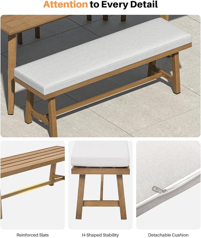6-Piece Outdoor Dining Set, Aluminum Outdoor Table and Chairs Set with 4 Dining Chairs & Backless Bench, Weather-Resistant Bench Dining Table Set with Removable Cushions for Garden, Deck, Teak