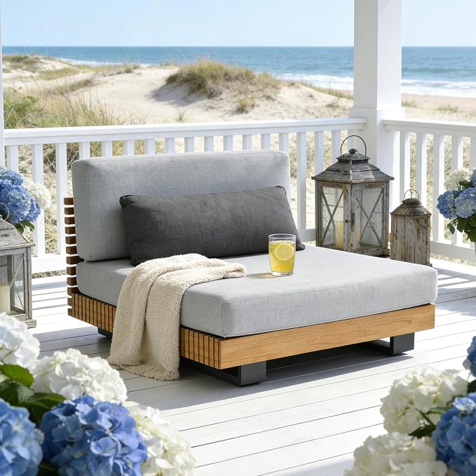 OTSUN Outdoor Sofa, Teak Wood Armless Slatted Base & Aluminum Frame Single Seat Weather Resistant for Patio Backyard Poolside