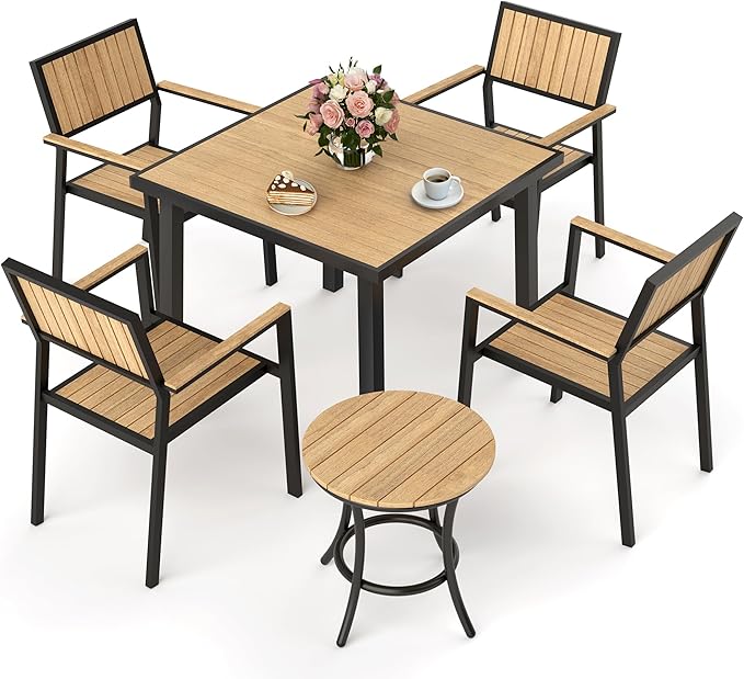 6-Piece Patio Dining Set, Outdoor Weather Resistant Plastic-Wood Table & 4 Stackable Chairs, Outdoor Durable Aluminum Frame Furniture for Garden, Poolside, Backyard (Teak, 6 PCS)