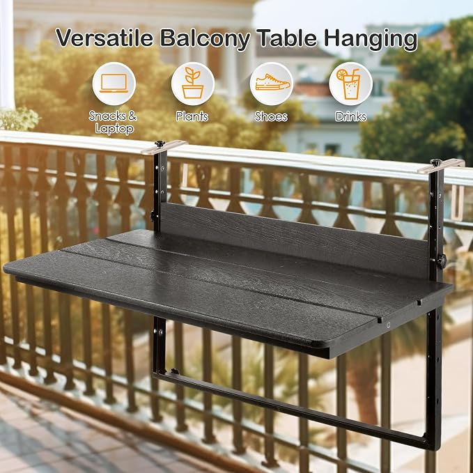 Balcony Railing Hanging Table Outdoor Folding Balcony Bar Table for Railings Patio Side Table with Adjustable Height for Deck, Patio,39.3"(L) x 15.0"(W), Black