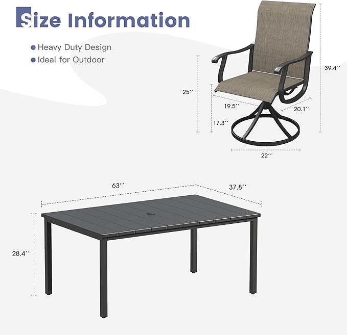VICLLAX 7 Pieces Patio Dining Set, Patio Furniture Set of 6 Patio Swivel Dining Chairs and Rectangular Patio Table, Mixed Brown Chairs & Black Tabletop