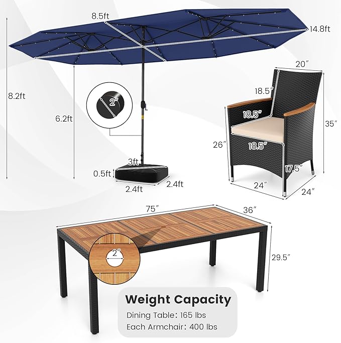 Tangkula 11 Pieces Patio Dining Set with Double-Sided Led Patio Umbrella (Base Included), with 8 Stackable Chairs, Acacia Wood Dining Table and Large Umbrella with Solar Lights (Navy + Off White)