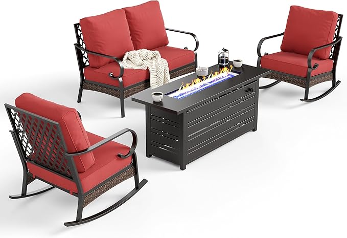 4 Piece Metal Outdoor Patio Furniture Sets with Firepit Table, Patio Conversation Sets 1 2-Seater Sofa, 2 Rocking Sofa with 5.75" Cushion Black Backyard Furniture for Deck, Rust Red
