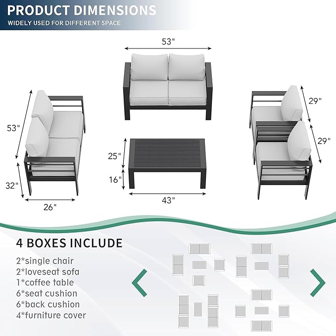 Amopatio Aluminum Patio Furniture Set, 7 Pieces Modern Patio Conversation Sets, Outdoor Sectional Metal Sofa with Coffee Table for Balcony, Garden, Dark Grey&Light Grey (Included Waterproof Covers)
